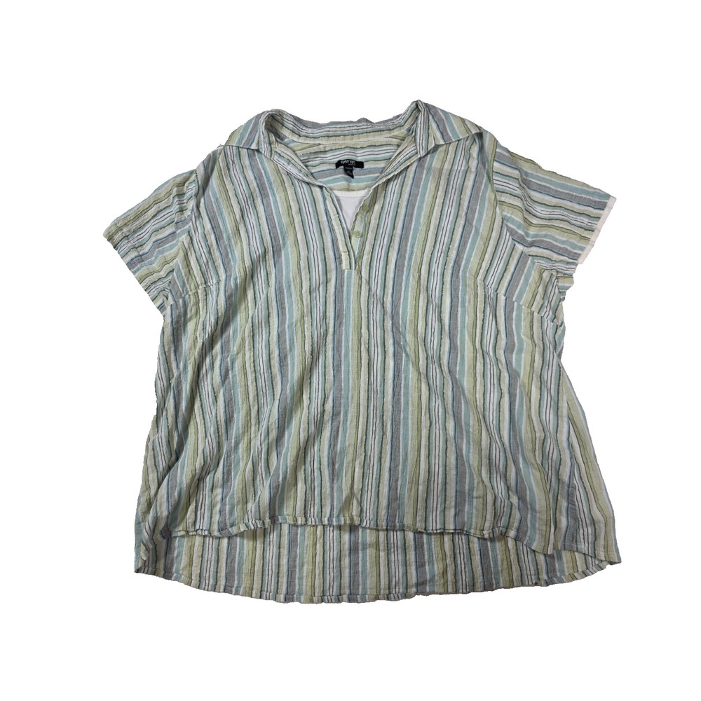 Krazy Kat Blouse Top Woman 2X Multicolor Striped Short Sleeve Stretch Hi Low Hem